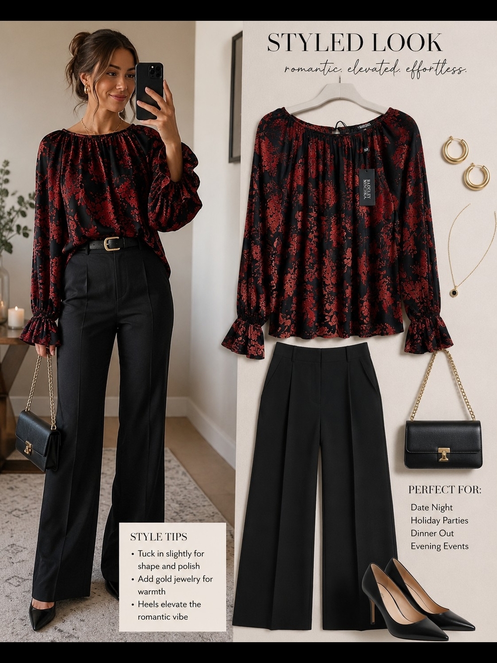 NWT Badgley Mischka Black Red Velvet Burnout Floral Peasant Blouse Size Small